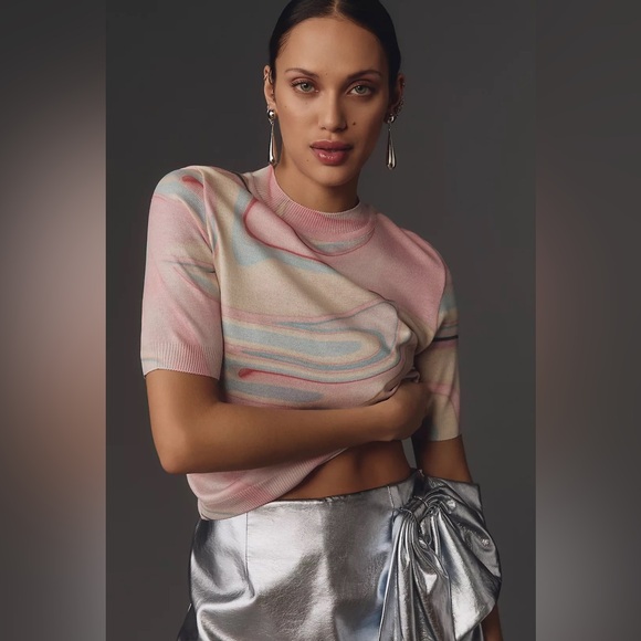 Anthropologie Sweaters - Anthropologie Short Sleeve Sweater Small Multicolor Swirl Marble Print Crewneck